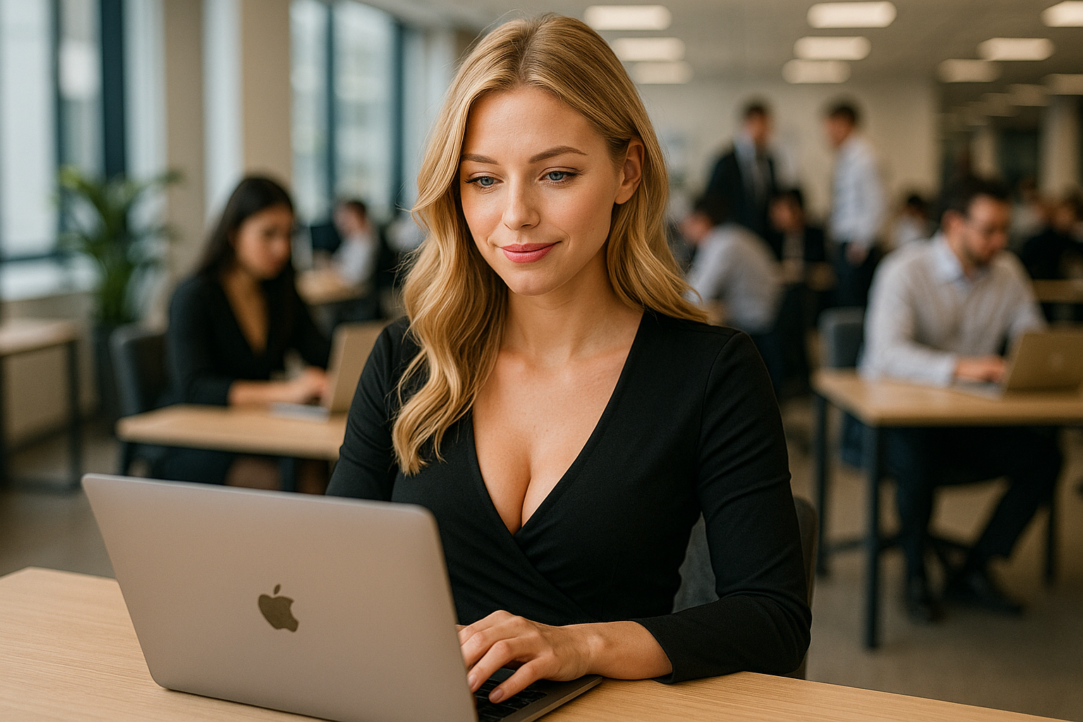 Young woman in an office at a MacBook deciding when to change her password