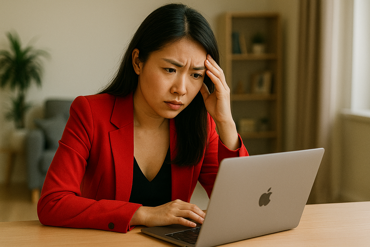 Young Asian woman at a MacBook worried her personal passwords are the same as her work passwords