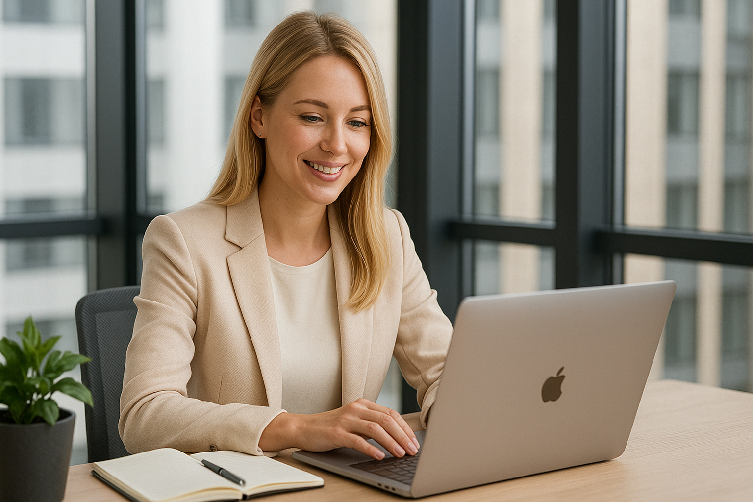 Young woman in an office at a MacBook deciding whether to use a password or a passphrase